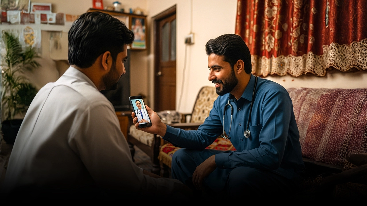 Telemedicine in Pakistan – patient consulting doctor online via smartphone Online doctor consultation through telemedicine app in Pakistan Pakistani patient using video call for healthcare consultation elehealth and digital prescriptions via mobile app Pakistan